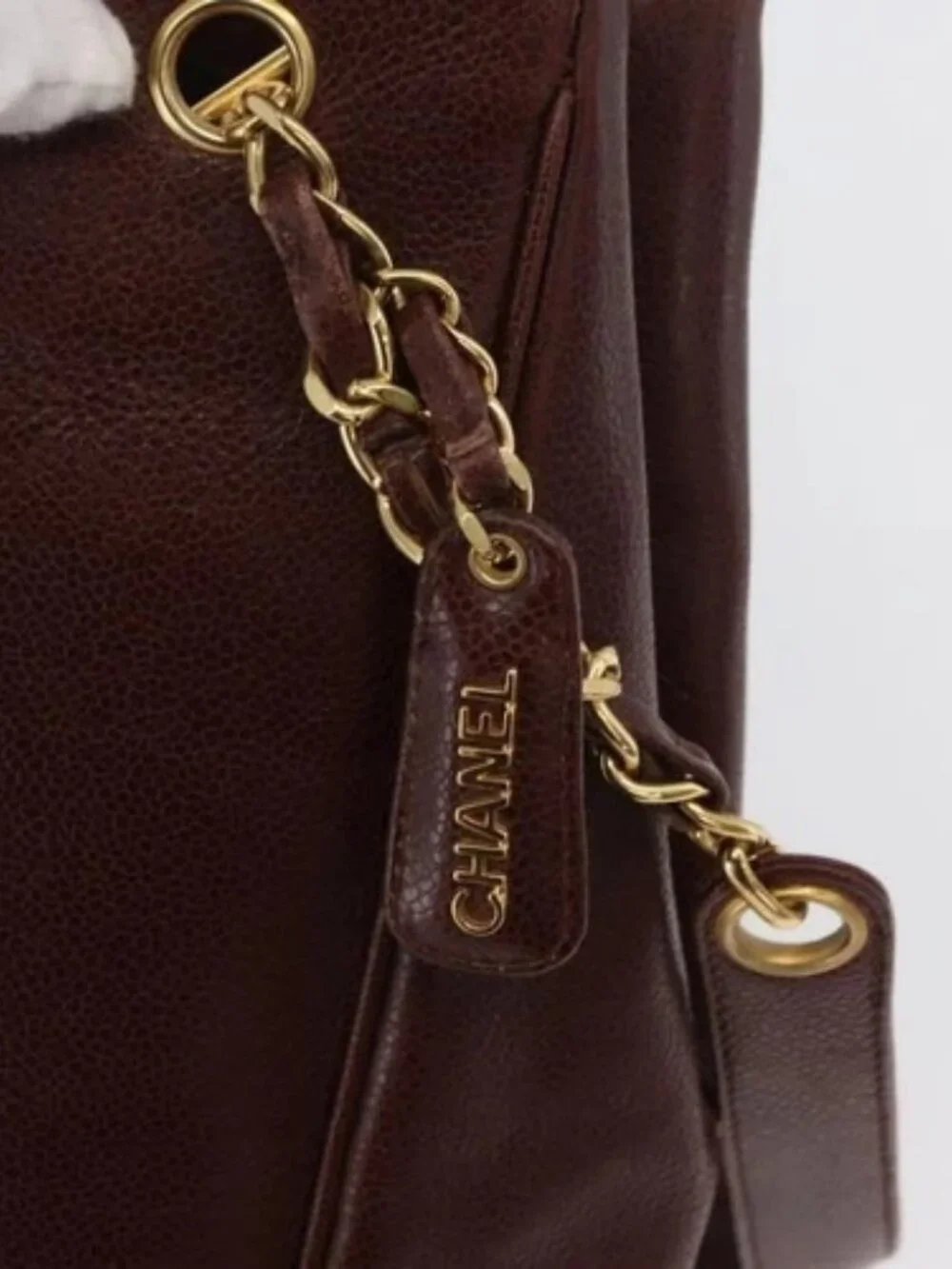 CHANEL Shoulder Bag Grained Calf Skin Brown Gold CC Auth bs33895